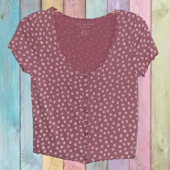 American Eagle Mauve Pink Scoop Neck Button Down Floral Top NWOT - Picture 1 of 9
